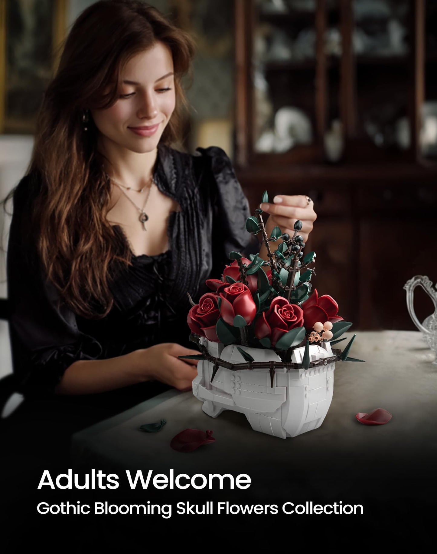 iATOM Skull Roses Flower Bouquet Building Set, Botanical Collection Kit for Adult Women, Birthday Gifts for Mothers Day for Her/Girlfriend/Mom/Wife/Couple, Goth Horror Skeleton Pot Home Table Decor