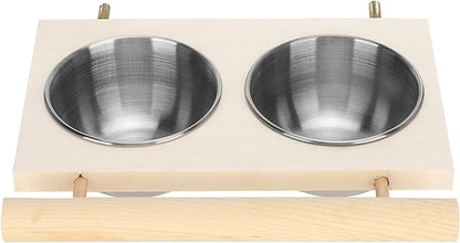 Bird Food Stainless Steel Cups, Parrots Feeding Dish Cups with Wooden Platform, Stainless Steel Food Water Feeder Cage Accessory with StandDouble Bowl