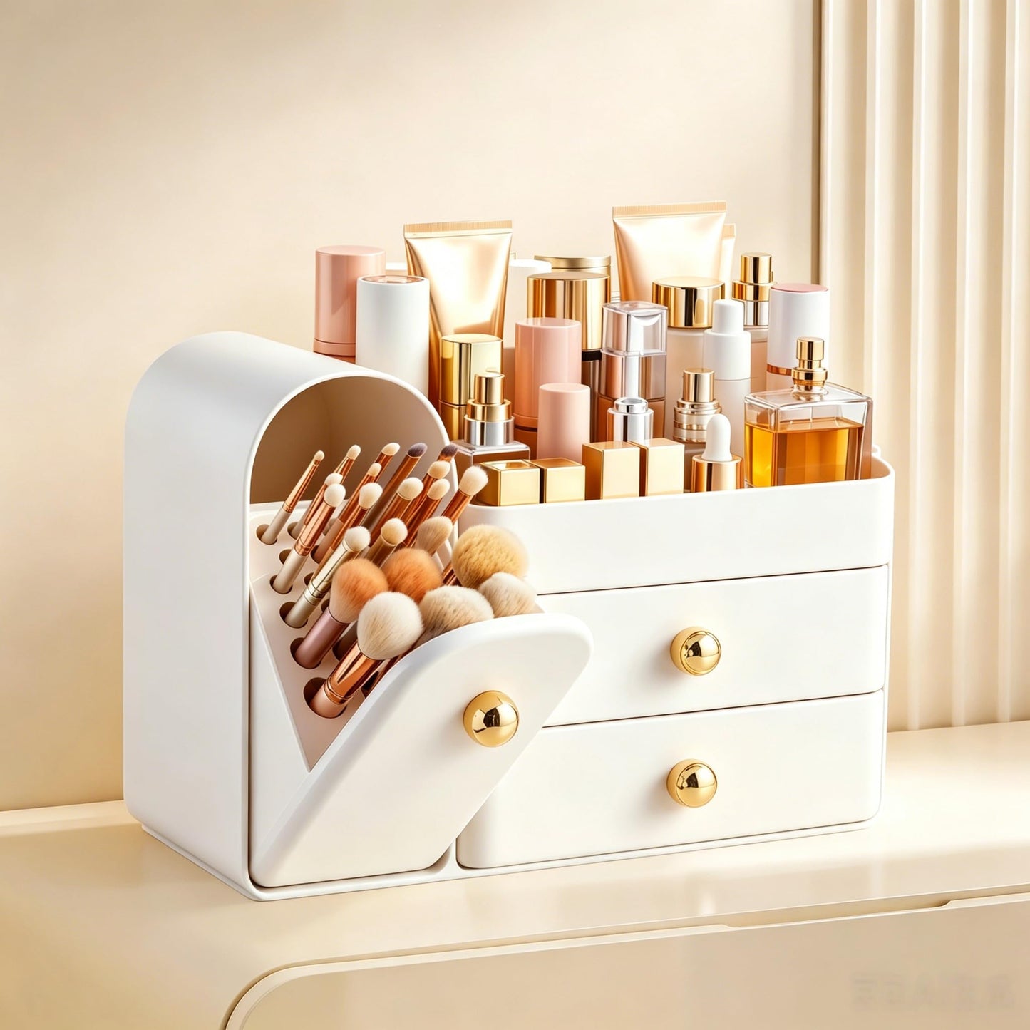 HBlife Makeup Organizer Countertop with Drawers, Vanity Organizers with Brush Holder, Bathroom Counter Organizer for Perfume, Nail Polishes, Lipsticks, Skincare and Eyeshadow Palettes, White