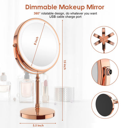 Lighted Makeup Mirror, 3000 mAh Rechargeable Double Sided Magnifying Vanity Mirror with 3 Colors, 1x/10x, 360° Rotation , Brightness Adjustable Magnification Cosmetic Light up Mirror, Women Gift