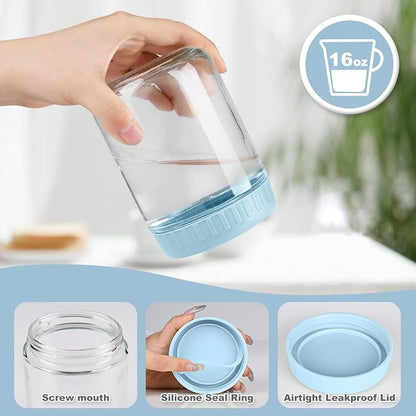 SHOWIN Overnight Oats Containers with Lids, 16oz Glass Jars with Lids 2 pcs, Light Blue, Wide Mouth Mason jars for Salad, Yogurt, Snacks, Meal Prep