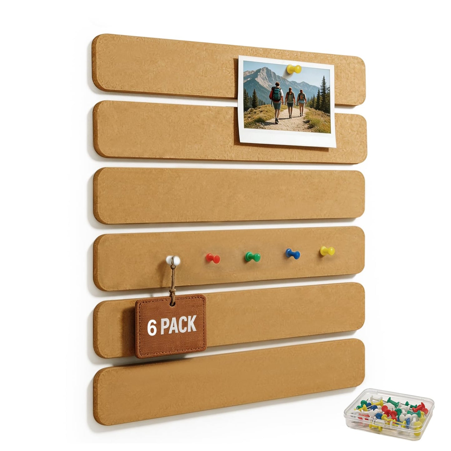 Fushing Cork Boards Felt Bulletin Boards, 13"x2" Pin Boards with Push Pins, Self-Adhesive, No-Drill Wall Mount Pin Boards for Classroom, Office, Home, Dorm, Bedroom Door (6)