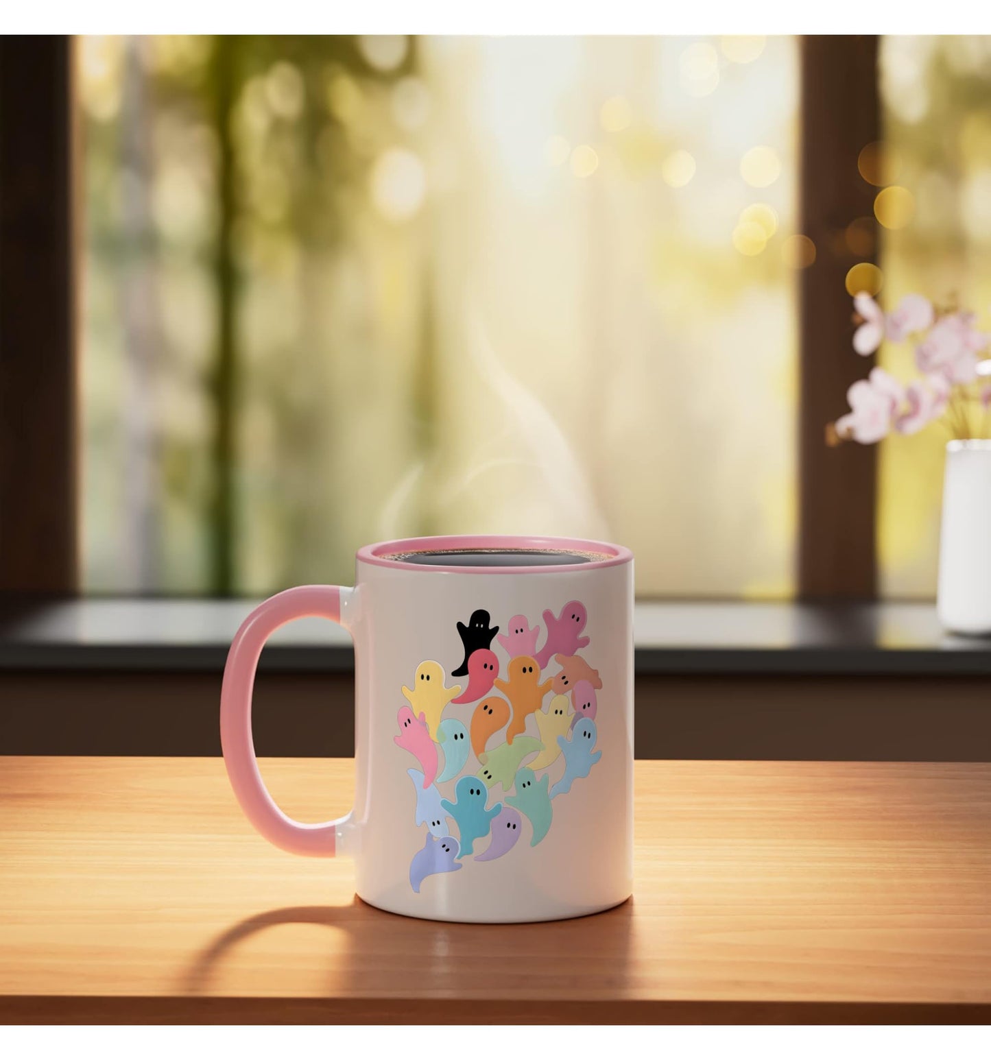 Halloween Cute Ghost Minimalist Rainbow Aesthetic Pattern Ceramic Mug, Pink/White
