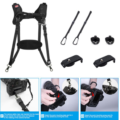 Quick Release Dual Camera Harness With Camera Safety Tether– Double Shoulder Camera Strap for 2 Cameras – Adjustable Length, Camera Straps for Photographers Camera Belt for DSLR SLR Camera (Style-A)
