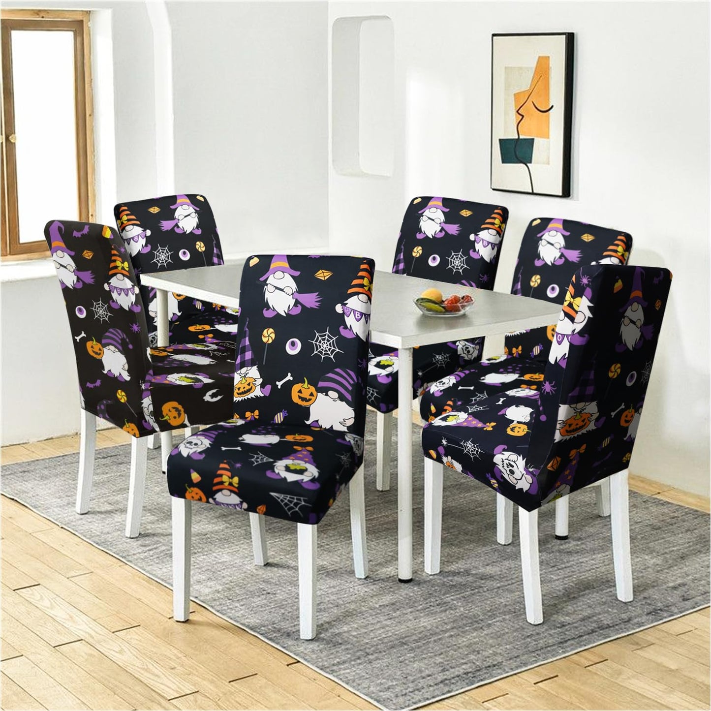 qwpmvhsak Halloween Chair Covers Set of 6, Scary Pumpkin Gnome Dining Chair Protectors, Black Elastic Removable Washable Dining Chair Covers for Halloween Kitchen Restaurant Holiday Decor