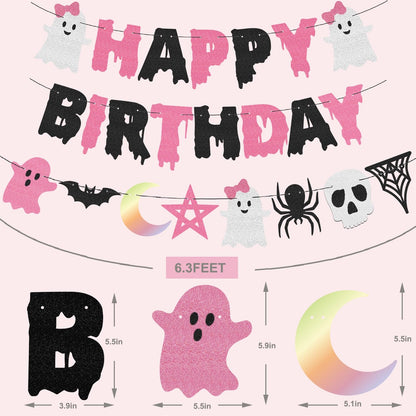 Halloween Happy Birthday Banner Garland 12in Pink Black Balloons Bat Sticker Set for Baby Shower Pink and Black Halloween Birthday Party Decorations