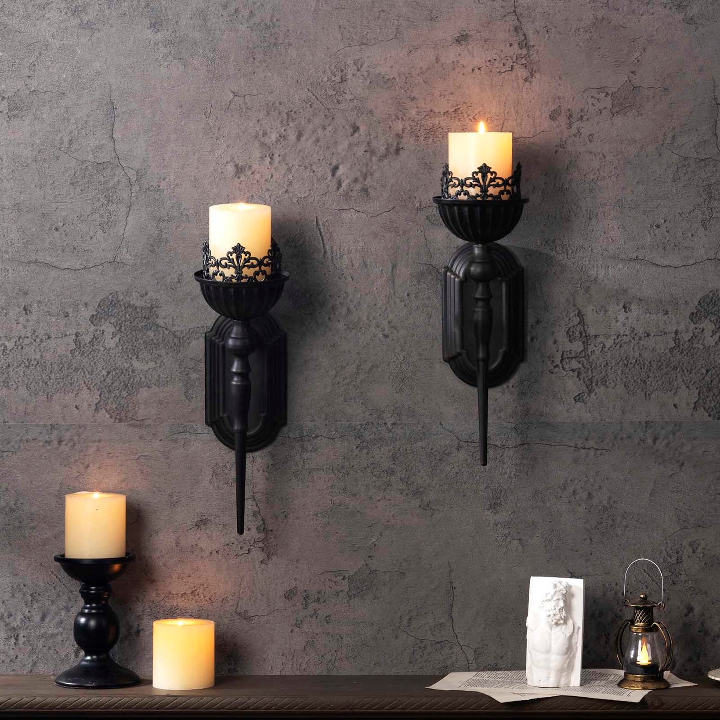 Gothic Wall Sconce Candle Holder (Set of 2) Black Crown and Scepter Design Wall-Mount Metal Candle Holders Hanging Iron Wall Candle Sconce Holder for Living Room, Bathroom, Dining Room