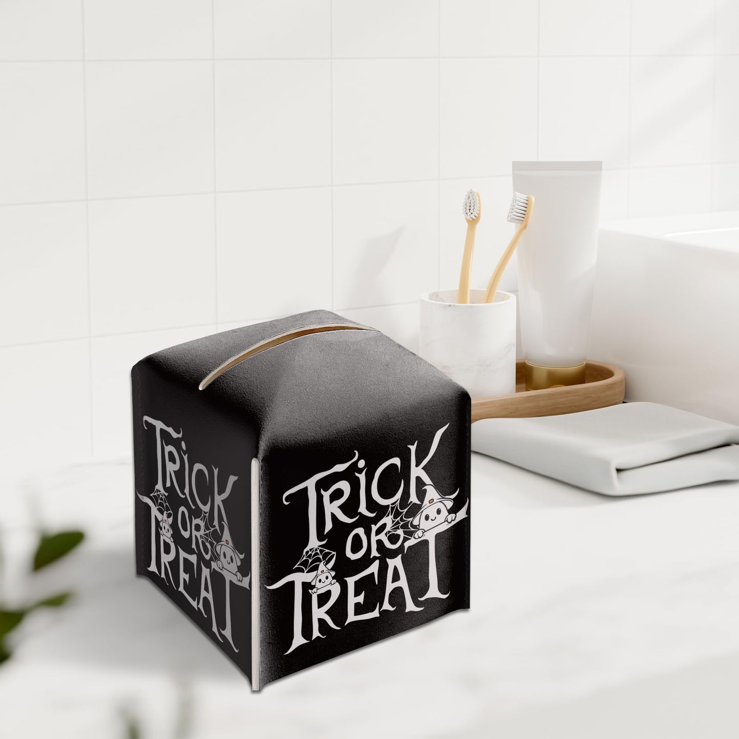 Halloween Trick Or Treat Tissue Box Holder, Black Leather Tissue Box Cover Square, Facial Paper Organizer Dispenser Toilet Paper Holder for Bathroom Kitchen Office Home Decor-A08