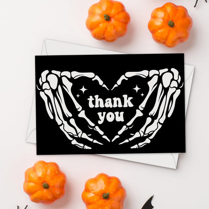 JarThenaAMCS 24Pcs Halloween Thank You Cards with Envelopes and Stickers Skeleton Hands Greeting Cards White Black Blank Note Cards for Halloween Party Supplies