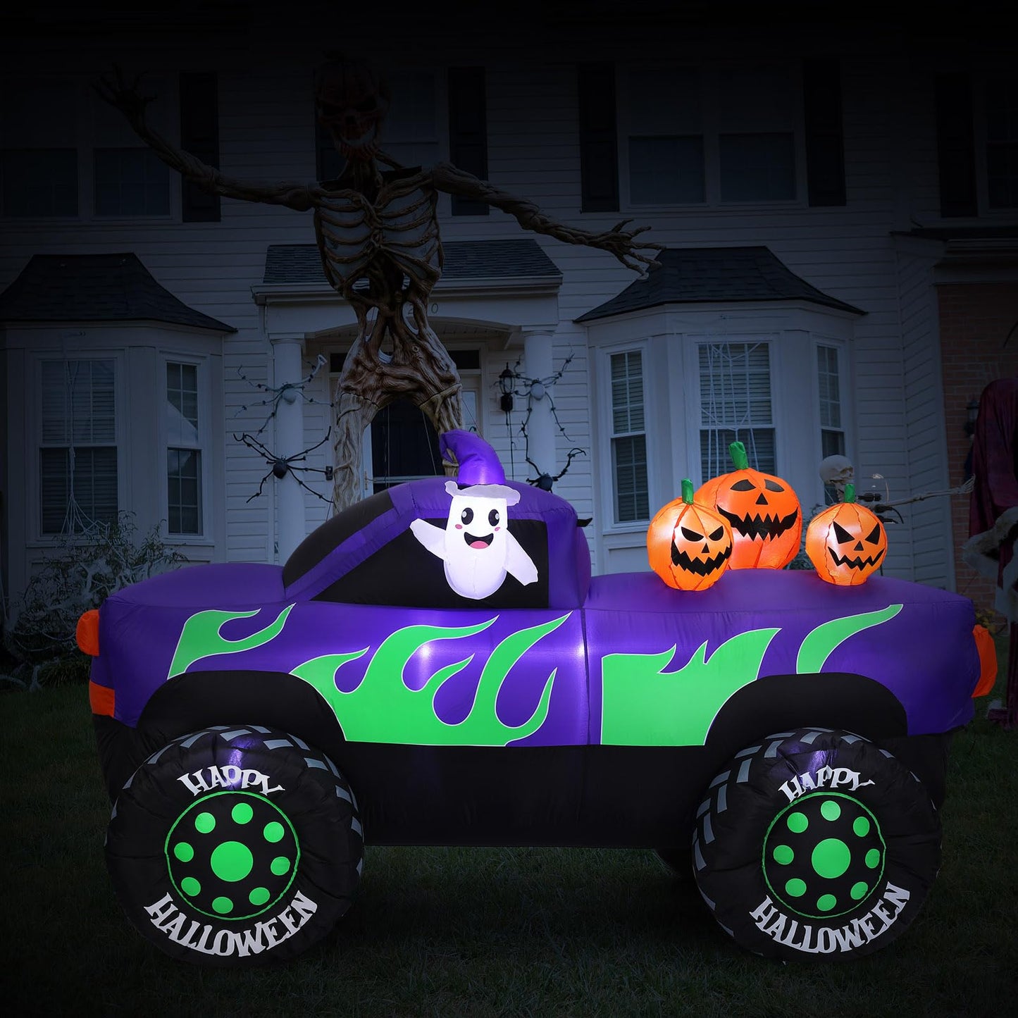 Leyndo 8 ft Long Halloween Inflatables Monster Truck Outdoor Decorations Lighted Ghost Driving Truck with Pumpkins Blow up Yard Decor with Lights for Halloween Party Indoor Family Garden Lawn Decor