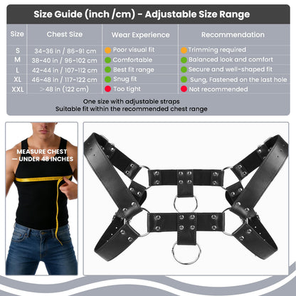 Brycarely Mens PU Leather Chest Harness Costume Cosplay Top with Chains, Adjustable Body Harness Shoulder Straps Male Punk Fashion Steatement Rave Outfit for Music Festival Party Halloween Cosplay