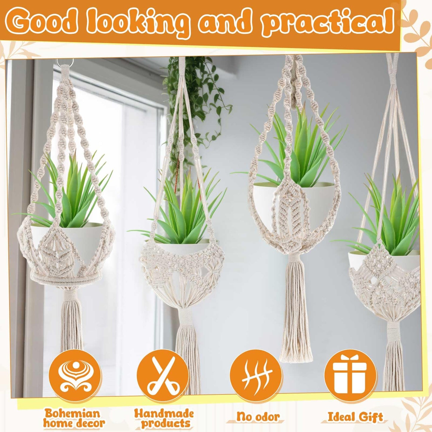 Vincreem 4 Pack Macrame Plant Hanger Hanging Planter with Patterns for up to 8 Inch Pot Indoor Outdoor Hanging Planter Basket Boho Plant Hanger Holder Decorative Flower Pot Holder for Garden Home