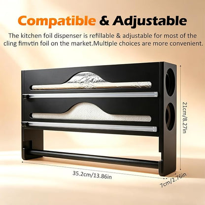 Plastic Wrap Dispenser with Cutter, 3 in 1 Tin Foil Wrap Dispenser Wall-Mounted Organizer for Baking Paper, Foil Dispenser with Cutter Wax Paper Holder Kitchen Storage Box (black)