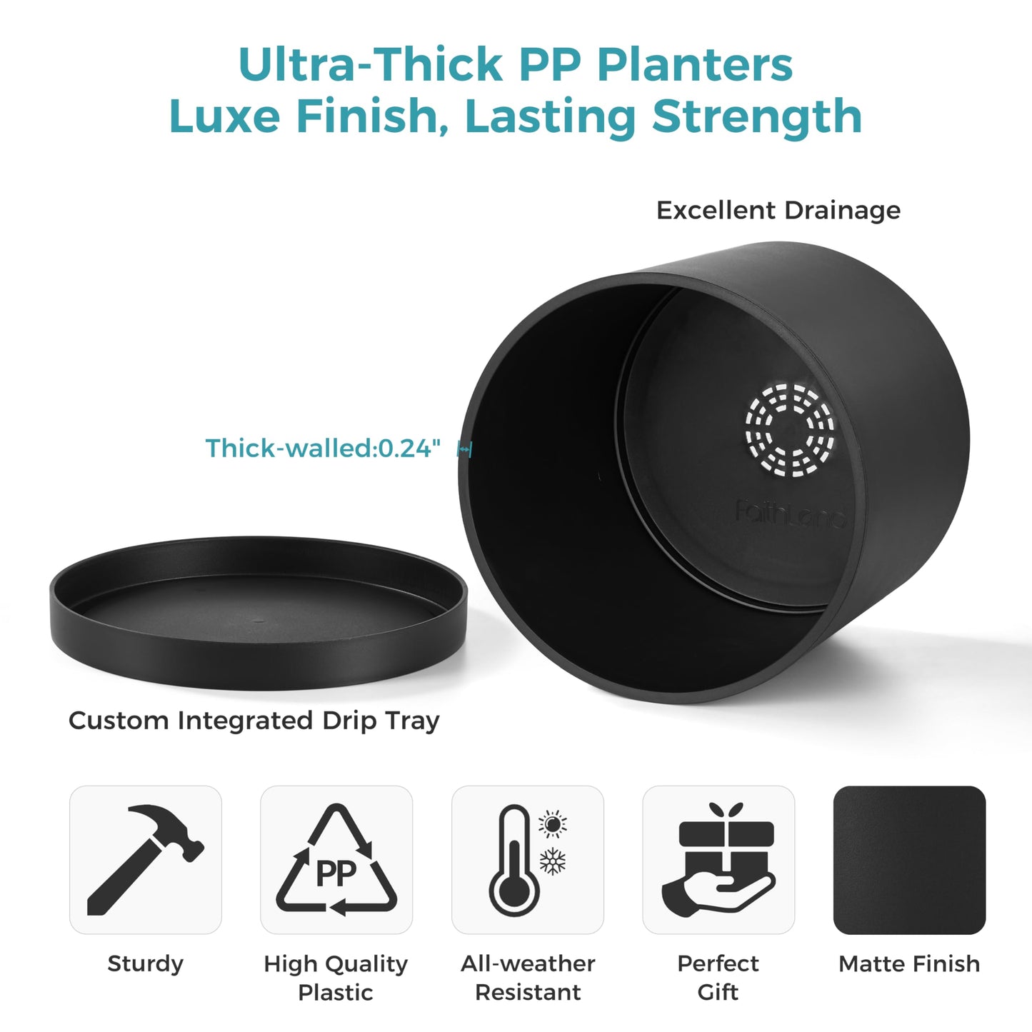 FaithLand 8-Inch Modern Cylinder Planter, Thick-Walled Plastic Plant Pot with Drainage Holes and Detachable Saucer, Matte Black, Ideal for Indoor & Outdoor Plants Flowers