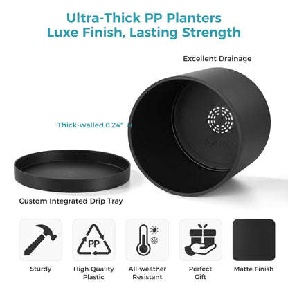 FaithLand 8-Inch Modern Cylinder Planter, Thick-Walled Plastic Plant Pot with Drainage Holes and Detachable Saucer, Matte Black, Ideal for Indoor & Outdoor Plants Flowers