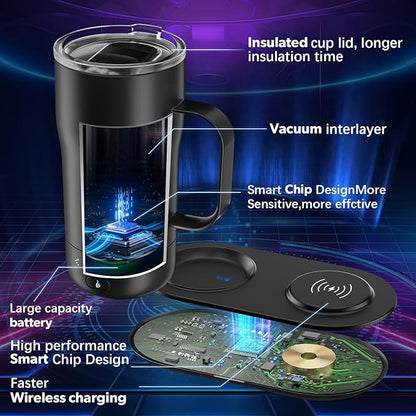 Smart Self Heating Coffee Mug 18 Oz Temperature Control Heated Coffee Mug App Controlled Warmer Mug 5-10 Hour LED Display Keep Coffee Hot All Day Fast Wireless Charger Base Iron Black