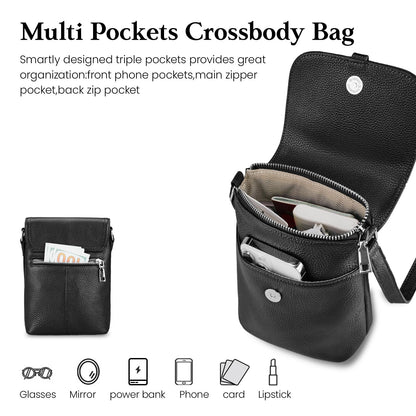 befen Black Genuine Leather Small Crossbody Bags for Women, Womens Cell Phone Purses Cross body Bag Purse with RFID Card Slots for Daily and Travel