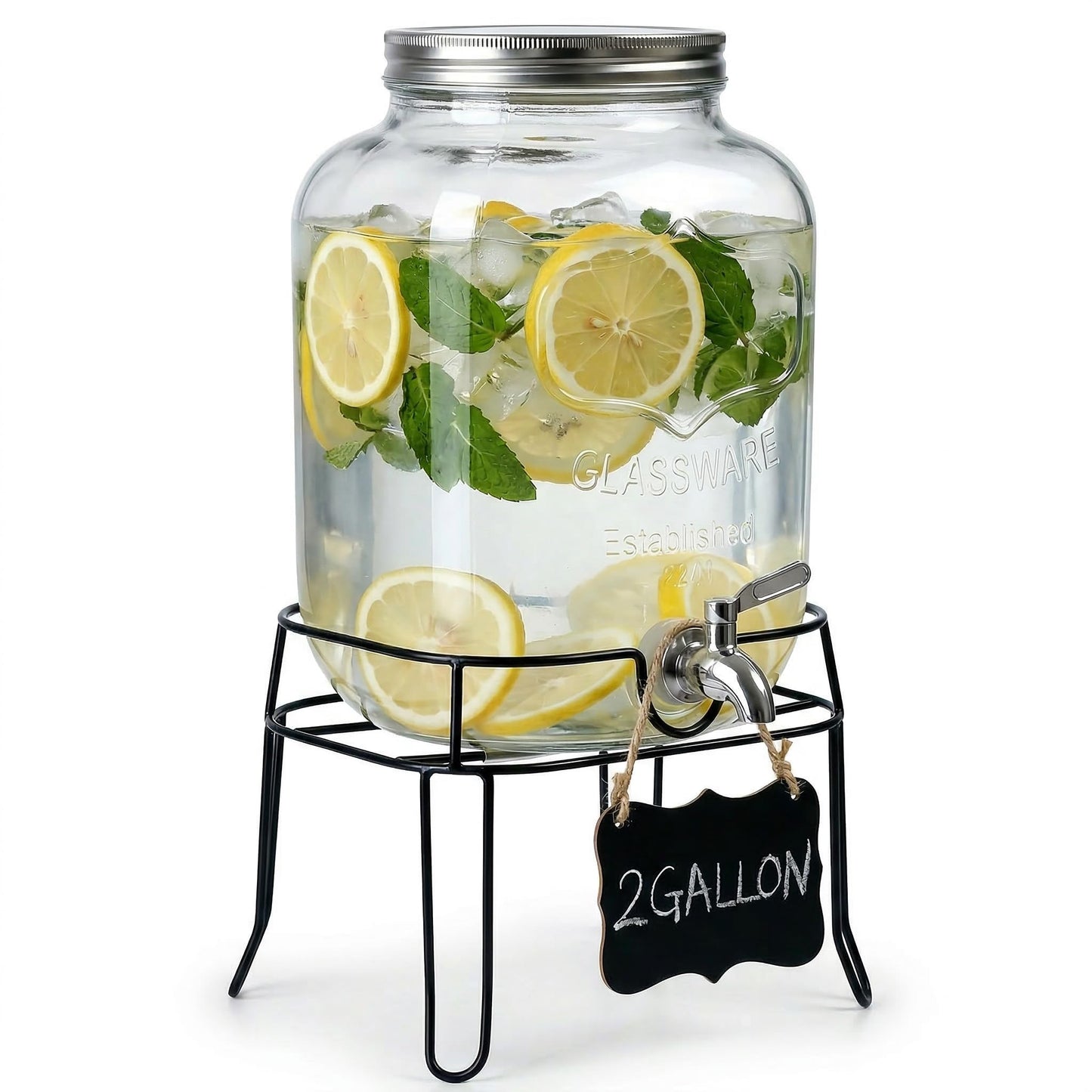 RuileMei 2 Gallon Glass Drink Dispenser,Beverage Dispenser with Stand,Lemonade Dispenser with 304 Stainless Steel Spigot Leakproof for Entertaining Guests, Picnic,Hosting Parties