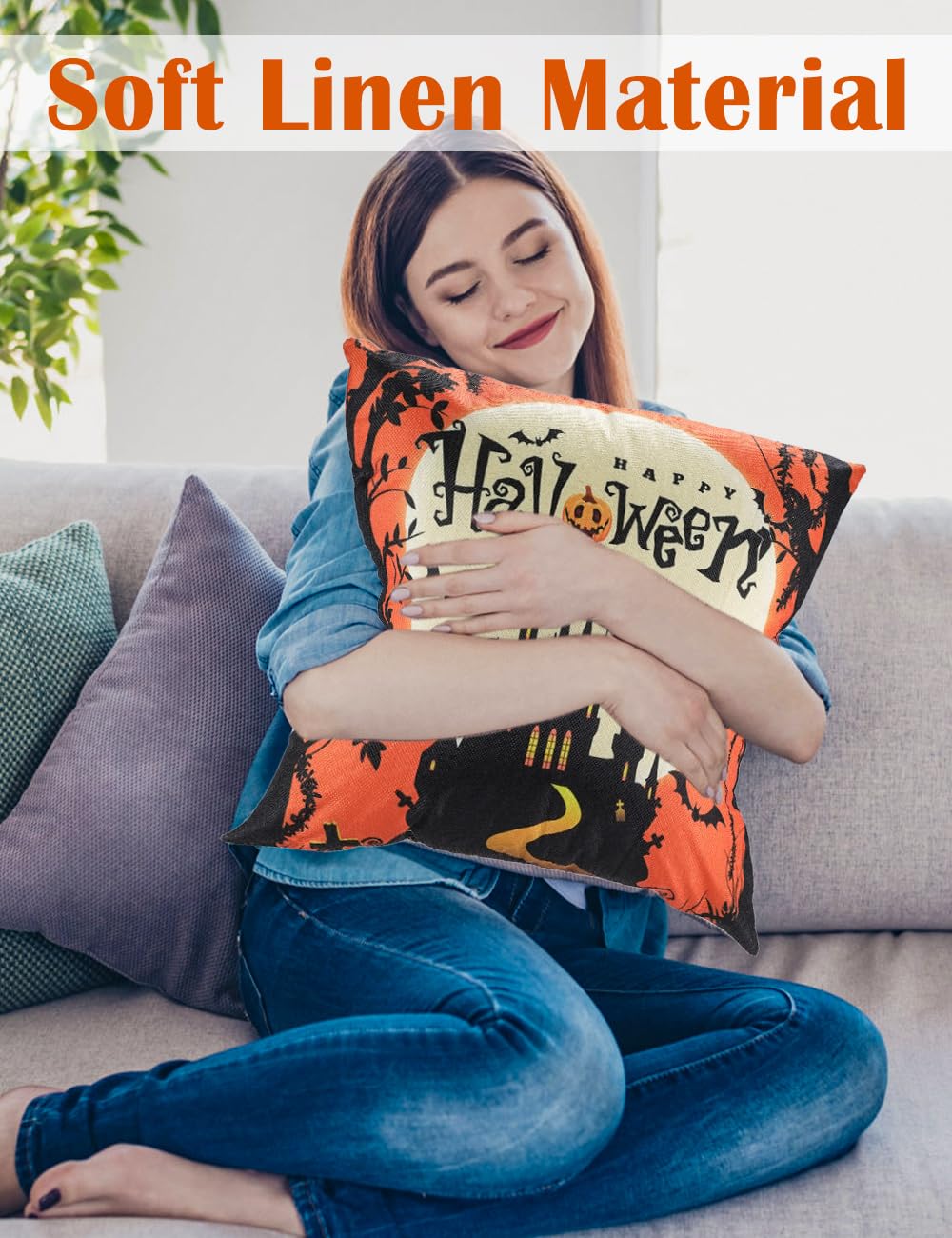 Halloween Decorations Set Of 4 Double-Sided Print Pillow Covers 16" x 16", with 8 Cute Halloween Decor Patterns, Elegant Invisible Zipper, Soft Linen Throw Pillow Covers for Outdoor & Indoor Use