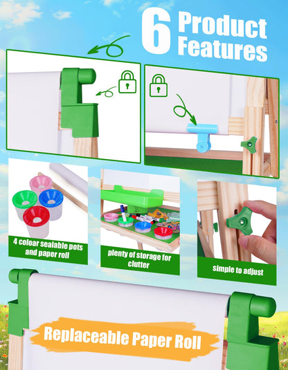 JOYOOSS Easel for Kids - Adjustable Wooden Art Easel with Paper Roll,Magnetic Double Sided Dry Erase Board,Outdoor Easel for Toddlers,Green