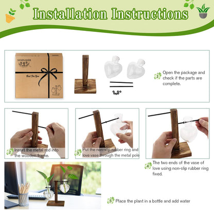 XXXFLOWER Plant Terrarium Wooden Stand, Hydroponic Planter Bulb Glass Metal Swivel Holder Retro Air Plants Water Plants for Home Office Decoration,Gifts for Plant Lover Wife Mom- 2 Love Bulb Vase