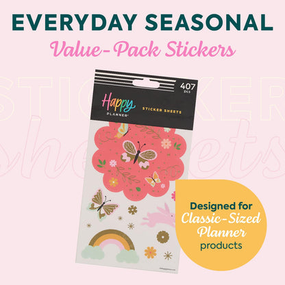 Happy Planner 15-Sheet Sticker Pack for Calendars, Journals, and Planners, Scrapbook Accessories, Classic Size, 407 Stickers Total, Everyday Seasonal