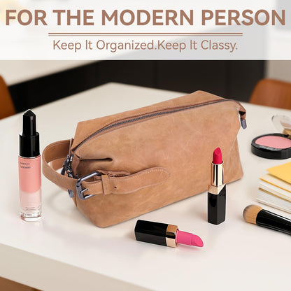 MCKDERWRILL Multi-functional Leather Travel Toiletry Bag - Full-grain leather Water-Resistant Travel, Shaving & Cosmetic Organizer for Men & Women - Compact Bathroom Essentials (Brown)