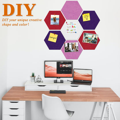 HULAVO Large Hexagon Felt Cork Board Tiles, Self Adhesive DIY Felt Bulletin Board Pin Board with 35 Pushpins for Office School Home Wall Decor(Purple+Light Purple+Deep Red)