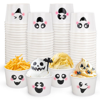 Whaline 48 Pcs Halloween Ghost Snack Cups White Boo Treat Disposable Paper Bowls 9 Oz Paper Cups Dessert Ice Cream Bowls for Trick or Treat Birthday Movie Party Favor Supplies