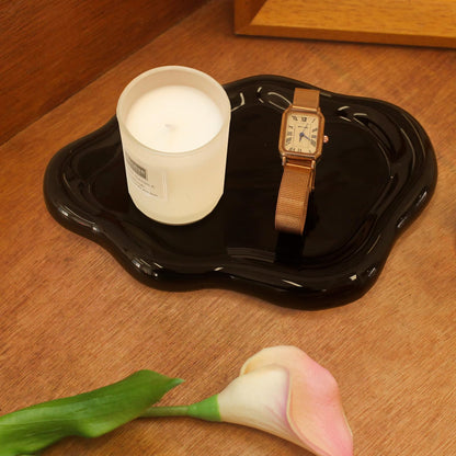 CCINPPY Ceramic Jewelry Tray Trinket Dish, Decorative Cloud Vanity Key Tray for Women, Ring Holder Dish, Cute Jewelry Plate Bowl Room Decor Aesthetic, Black, Medium