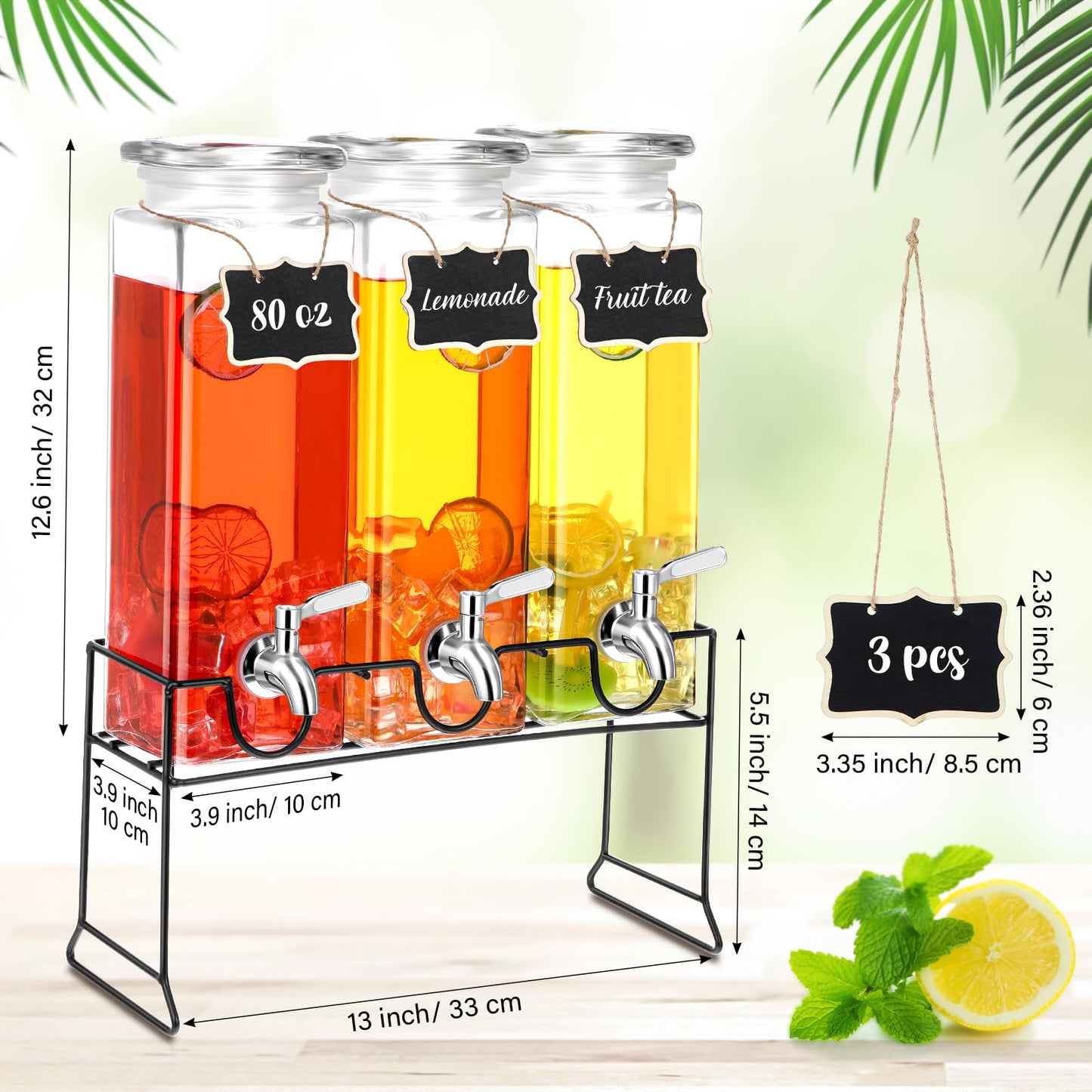 RimCereal 3 Pack 80 oz Tall Glass Drink Dispenser with Stand, Lid, Label and Stainless Steel Leakproof Spigot Beverage Water Dispenser Clear Mason Jar for Party Fridge(Square)