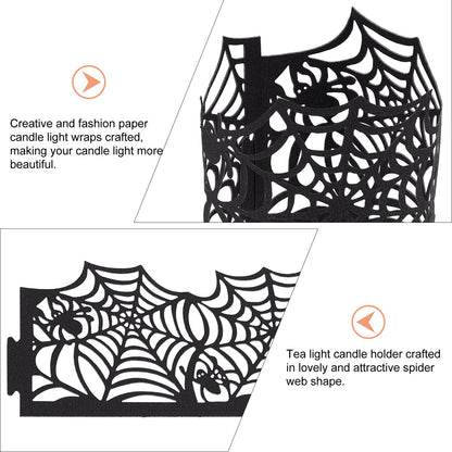 50Pcs Candle Wraps Halloween Tea Light Votive Cut Decorative Wraps Spiderweb Paper Candle Holder for LED Battery Tealight Candles Halloween Party Decorations