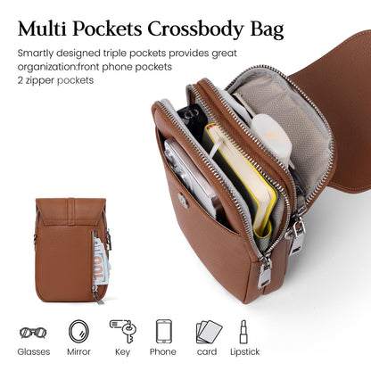 befen Genuine Leather Crossbody Bags for Women, Small Leather Shoulder Purse for Women with RFID Blocking Card Slots, Trendy Brown Cell Phone Wallet Purses for Travel and Daily Use, Cognac Brown