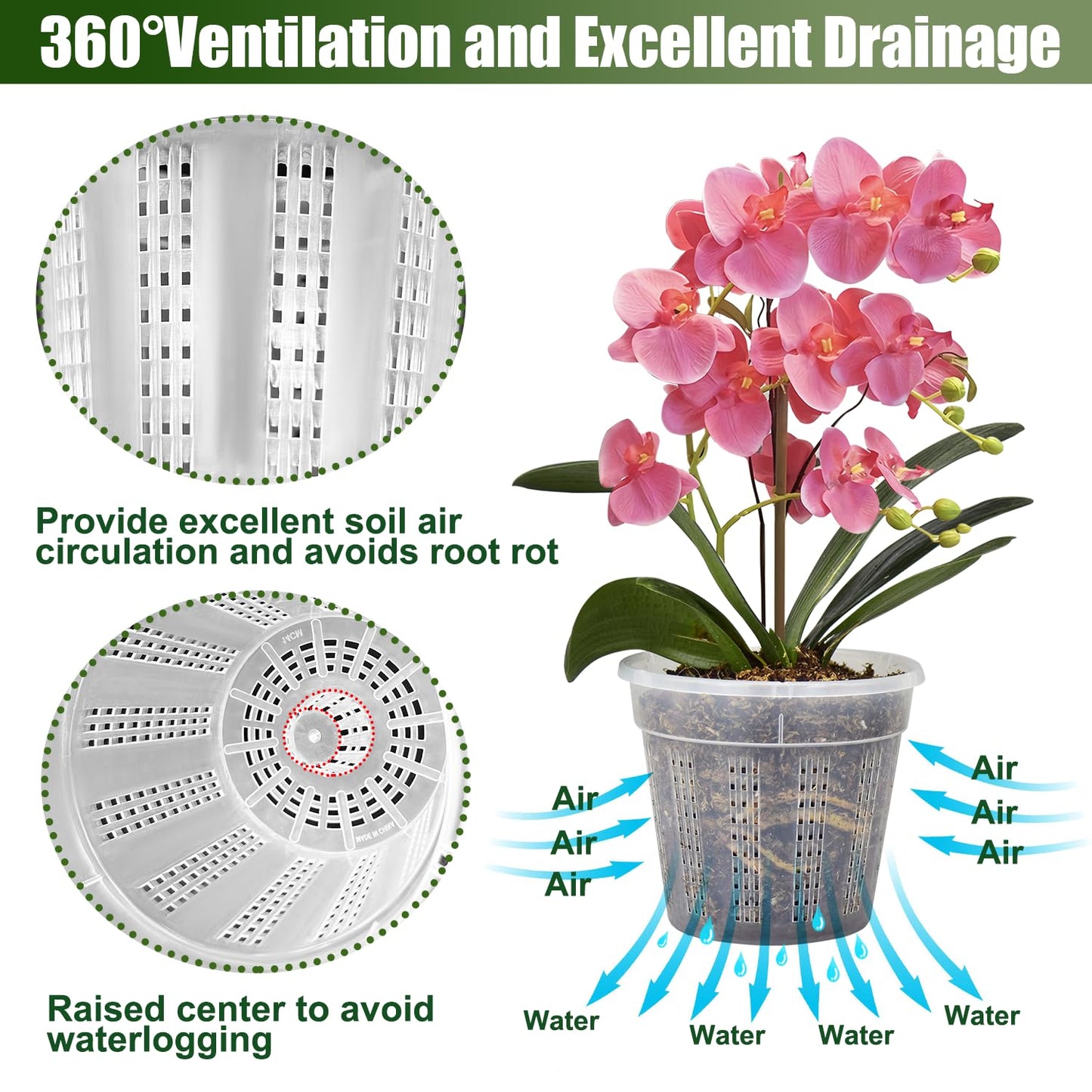 Orchid Pot with Saucers, 2 Each of 4.3",5.5",6.1" Orchid Pots with Holes, 6Pcs Clear Plastic Planter for Indoor Outdoor Plants (2 Each of 4.3,5.5",6.1" with Saucers)