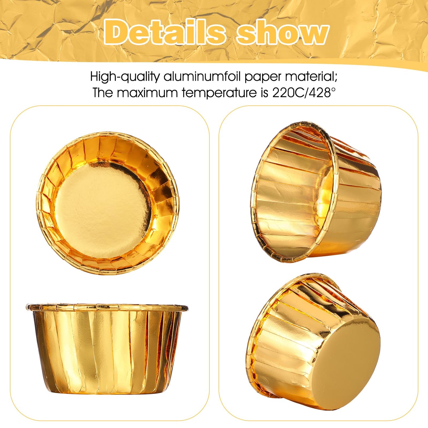 300 Pack Gold Cupcake Cups Bulk Disposable Foil Muffin Liners 3.5 oz Wrappers for Baking Aluminum Paper Mini Metallic Disposable Holiday Party Wedding Festival Supply(Gold)