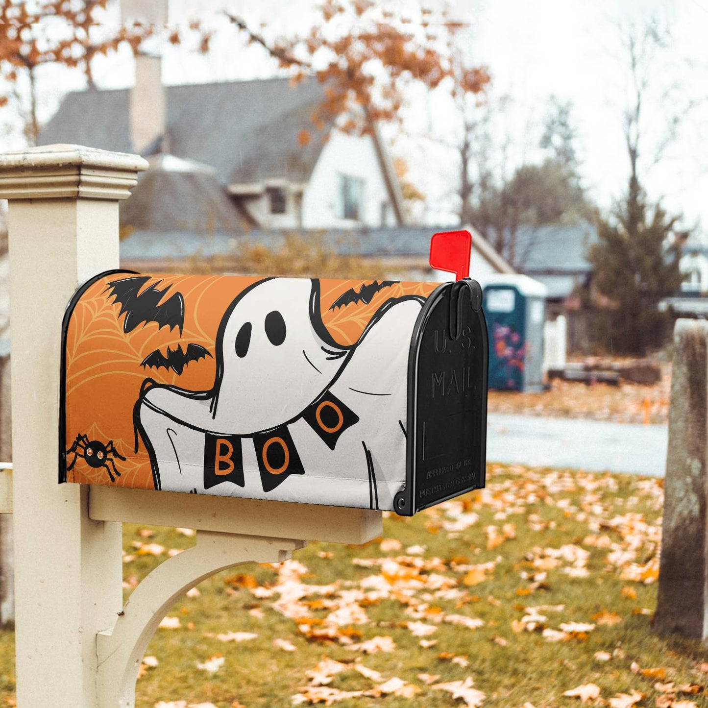 Anyako Halloween Ghost Boo Orange Mailbox Covers Magnetic Standard Size 18" X 21",Spooky Bat Spider Web Mailbox Wraps Post Letter Box Cover for Holiday Garden Yard Decor
