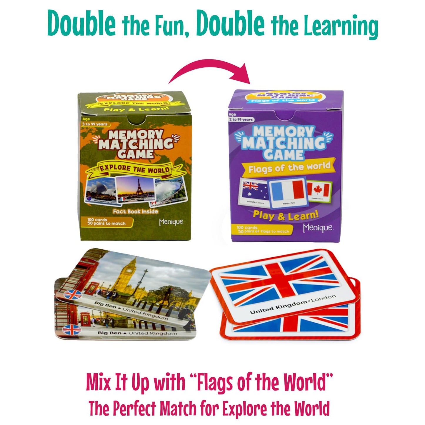 Menique Explore the World Memory Matching Game – 100 Cards (50 Pairs) with Famous Landmarks from 50 Countries – Includes Flag, Country & Place – Educational Geography Game + Informative Booklet