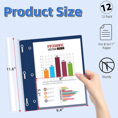 HAUTOCO 12 Pack Plastic Report Covers with 3-Prong Fasteners Clear Front Resume Portfolio Folder for 8.5x11 Letter Size Paper, Presentation Document Report Folders for Office School Use, Navy Blue