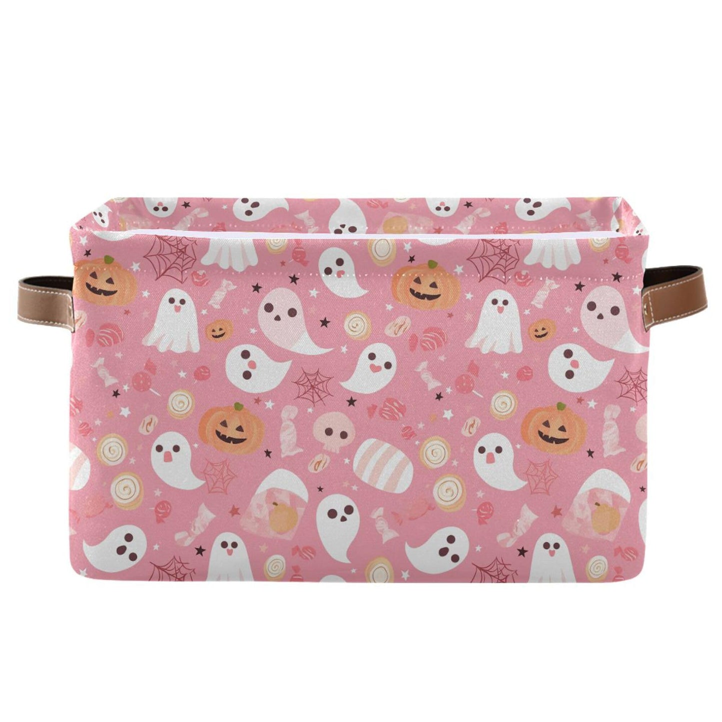 Wamika Halloween Pink Storage Basket with Waterproof Liner and PU Handles Pumpkin Ghost Candy Storage Bins Boxes 14.2" Collapsible Decorative Organizer Baskets for Bedroom Closet Office 1 Pack
