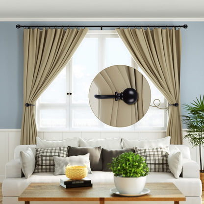 KAMANINA Curtain Holdbacks, Black Curtain Tiebacks Wall Mounted with Round Finials, Metal Curtain Pull Backs with Screws, Decorative Curtain Hooks for Drapes Bedroom (1 Pair/2 Pack, Small)