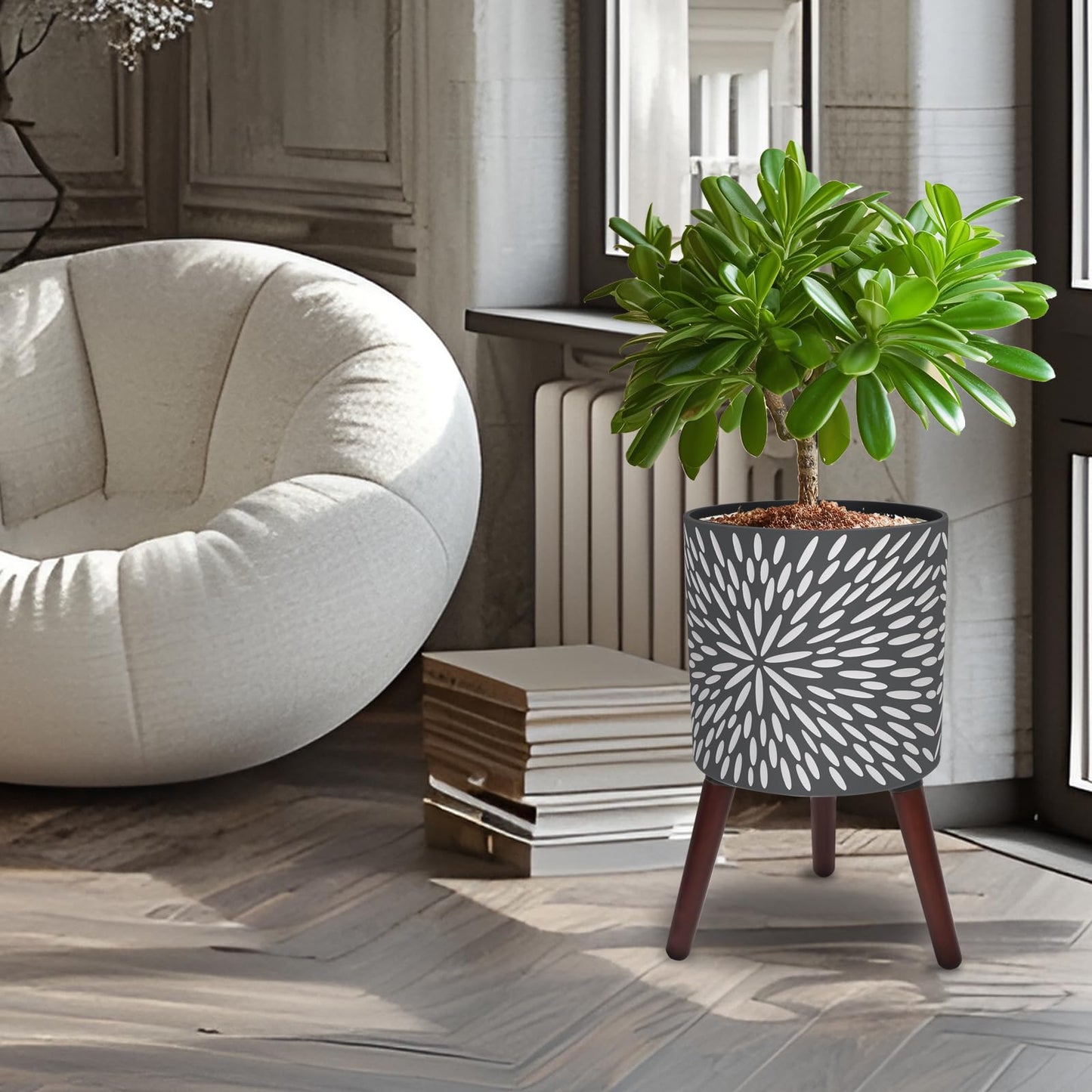 Opnons 12 Inches Plant Pot with Stand, Large Modern Standing Planters for Indoor Plants with Drainage Holes, Gray Flower Pots with Legs