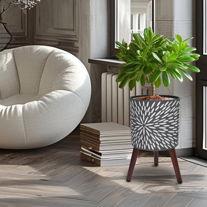 Opnons 12 Inches Plant Pot with Stand, Large Modern Standing Planters for Indoor Plants with Drainage Holes, Gray Flower Pots with Legs