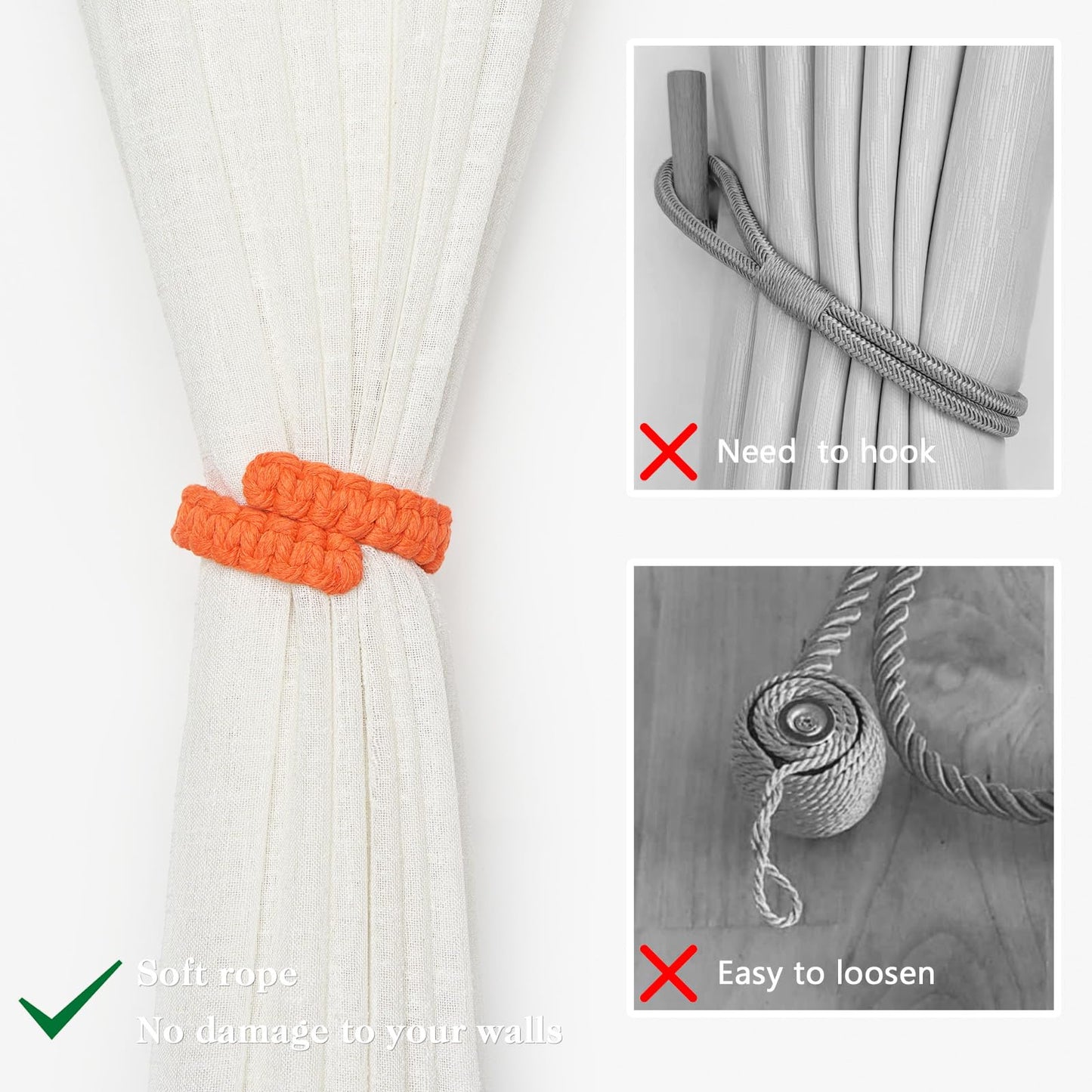 NICEEC 4 Pack Natural Cotton Rope Curtain Tiebacks Farmhouse Rustic Style Decorative Drape Tie Backs Handmade Braided Curtain Holdbacks for Home & Office Sheer/Light Weight Drapery (C-Orange-S)