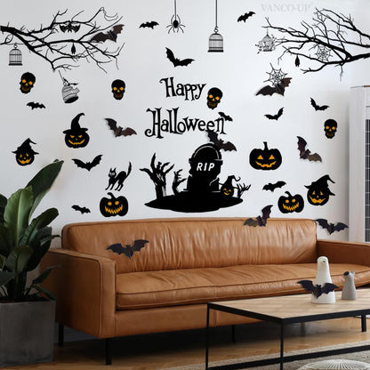 Happy Halloween Wall Decals DIY Black Tree Branches Bat Wall Stickers Funny Boo Pumpkin PVC Home Decal Self-Adhesive Festival Decoration for Holiday Home Party Classroom Office