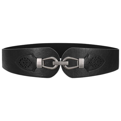 Womens Western Wide Waist Belt for Dress Vintage Stretchy Elastic Belt with Chunky Silver Buckle (Black)