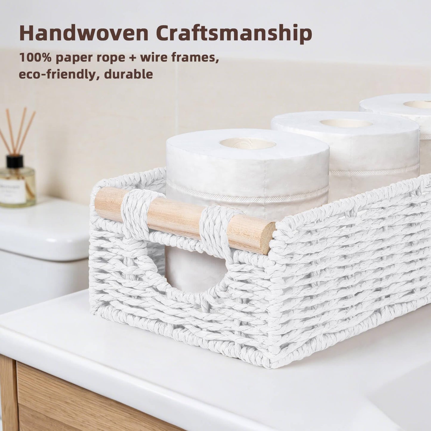 CubesLand Back of Toilet Storage Basket for Organizing w/Cut Out Handle, Handwoven Toilet Tank Top Paper Baskets, Small Wicker Decorative Basket for Countertop, Home, Living Room, Nursery, White