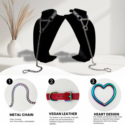 paloli Vegan Leather Choker Necklace with Heart Chain – Adjustable Strap Punk Gothic Collar with Cute Heart Metal O-Rings, Stylish Jewelry for Women