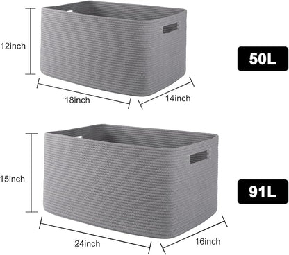 OIAHOMY XXLarge Rectangle Blanket Basket-96L, Cotton Woven Basket for Storage, Dirty Clothes Basket for Living Room, Nursery, Bedroom, Toy Organizing with Handle, 24" x 16" x 15", Grey