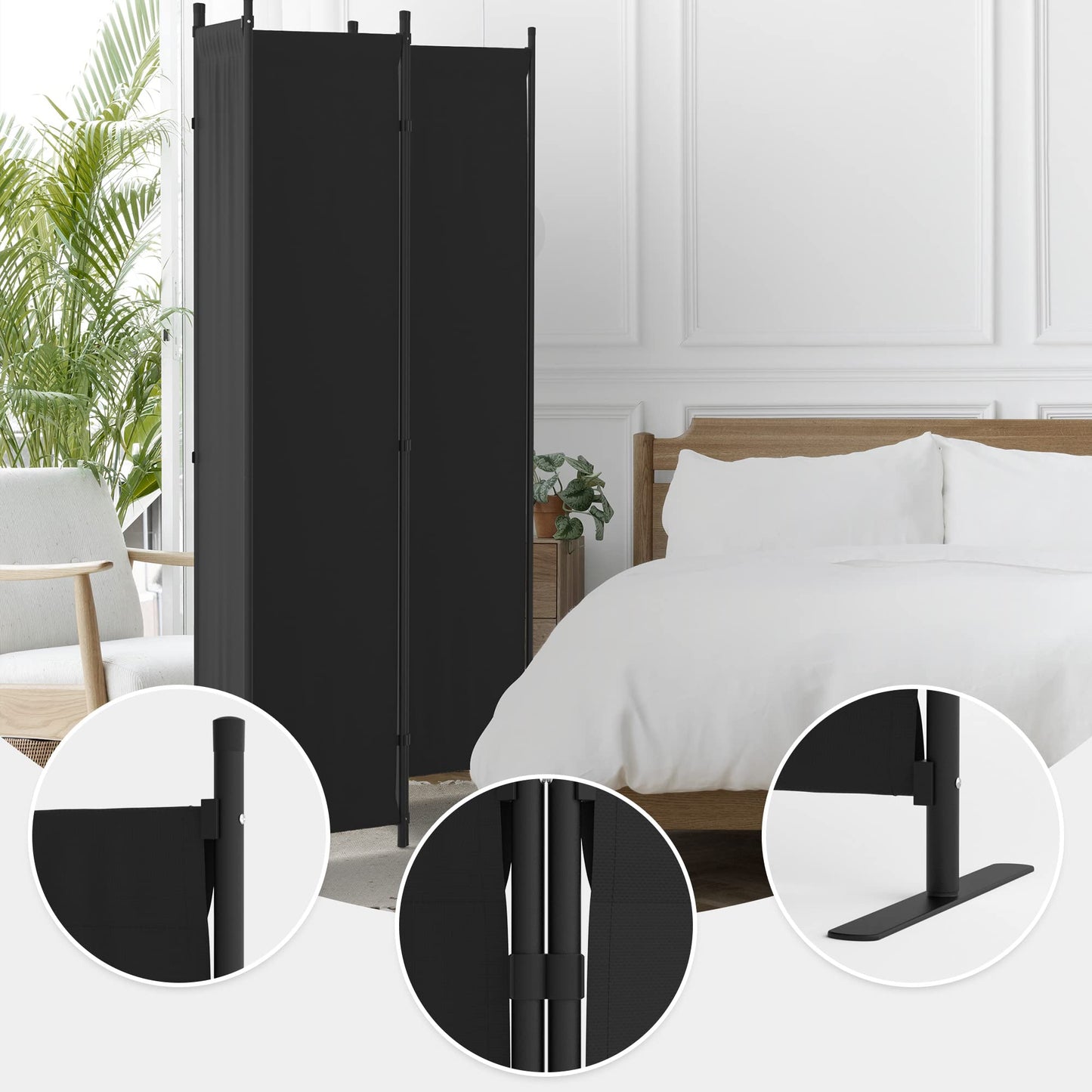 Room Divider, 4 Panel Folding Privacy Screen, 88” Portable Separating with 3 Metal Feet, Partition Room Dividers, Lightweight Freestanding Wall Divider Screen for Office Bedroom Hospital(Black)