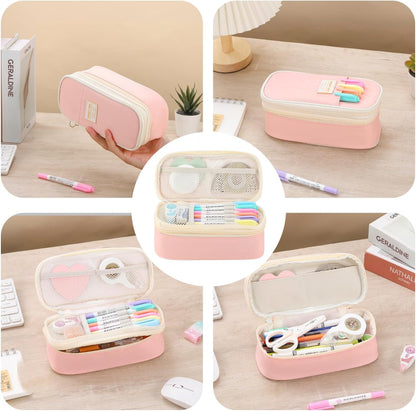 Pencil Case for Girls Kids Teens Adults Big Pencil Bag with Zipper Big Pen Pouch Large Stationery Pen Case Organizer for School Pink